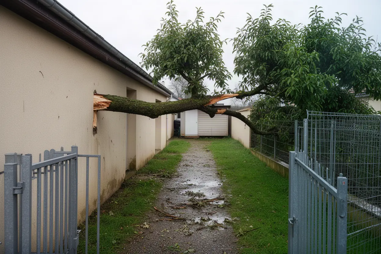 Branche fendue suspendue après tempête à Montoir-de-Bretagne