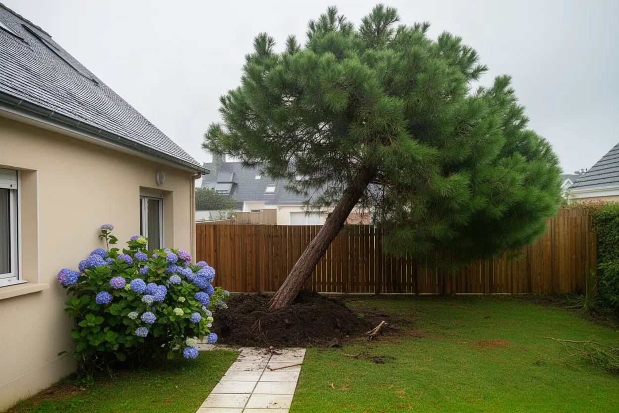 Pin incliné menaçant une clôture à Pornichet