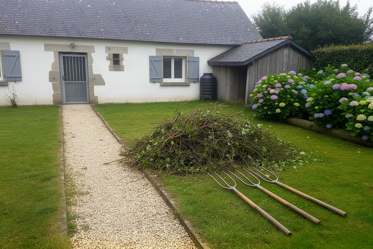 Branchages entassés avant broyage à Saint-André-des-Eaux