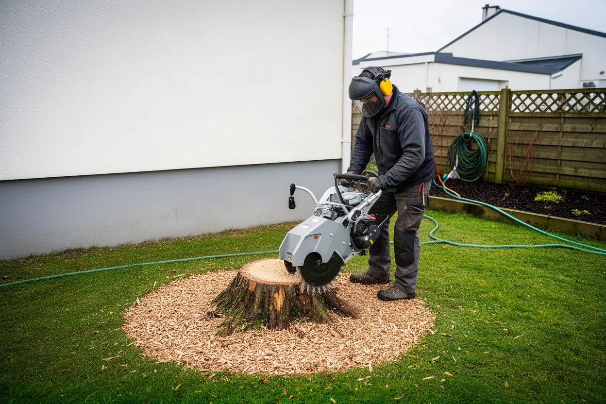 Rognage d’une souche dans un jardin nazairien