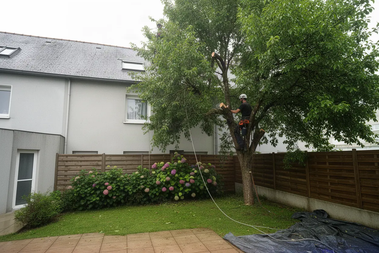 Élagueur taillant un arbre adulte à Saint-Nazaire